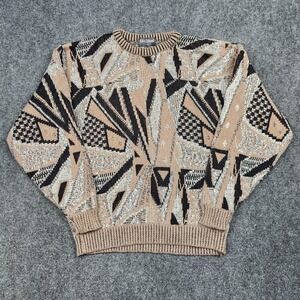 Vintage Ellis Island Sweater Mens XL Tan Black Abstract 3D Knit Coogi Style 90s